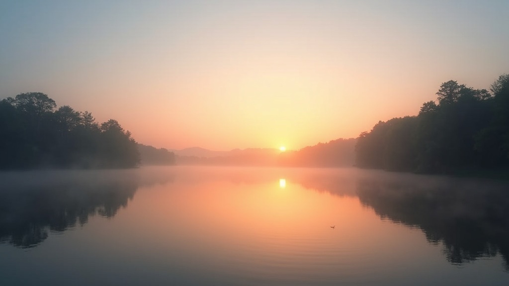 A tranquil sunrise over a quiet lake, reflecting clear skies and trees, conveying peaceful simplicity