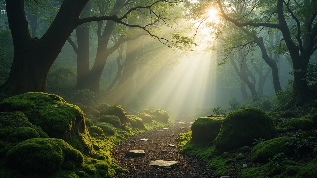 A misty forest landscape at dawn, full of mossy stones and ancient trees, sunlight streaming through