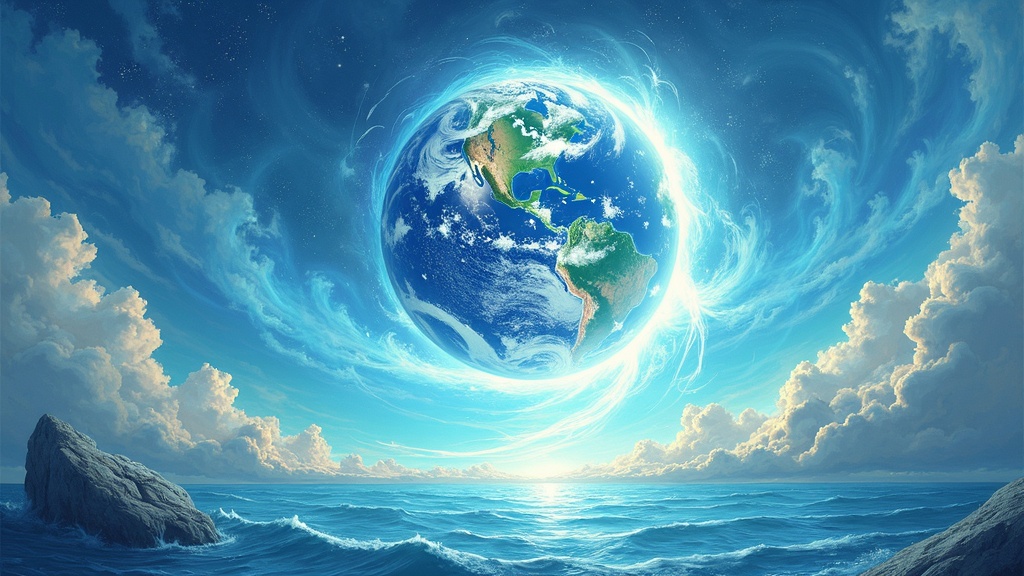 An abstract, celestial-themed illustration representing Earth, Heaven, and divine energy, with swirling light, water, clouds, and an ethereal sense of movement.