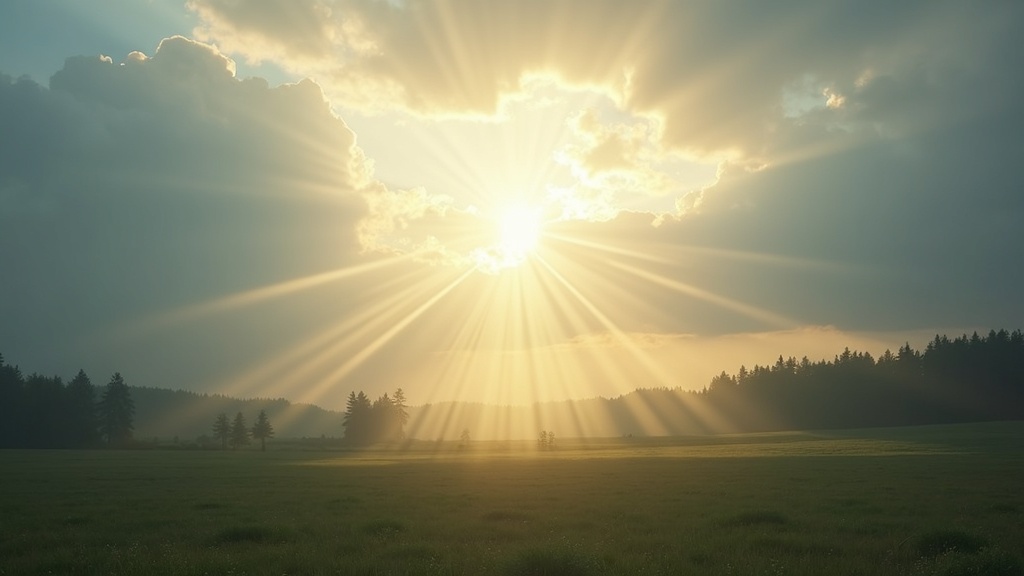 Light breaking through clouds, suggesting a peaceful, spiritual moment in nature.