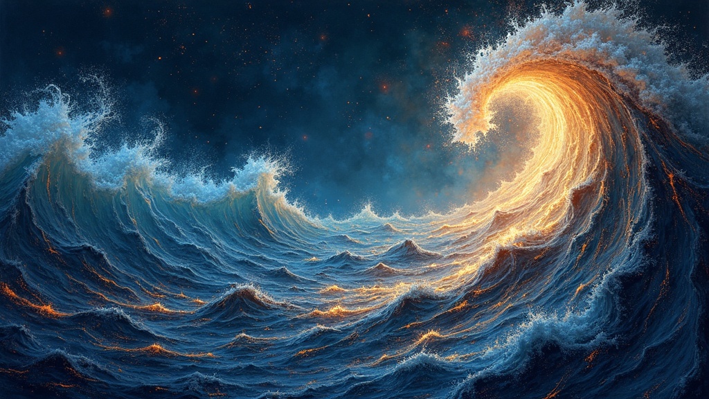 Abstract waves of light and energy rippling across a dark space, inspired by quantum vibration concepts.